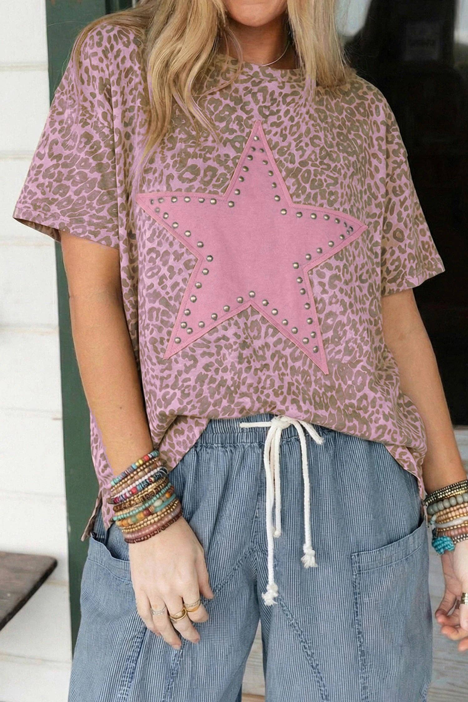 Leopard Star Patch Studded Oversized Casual Tee