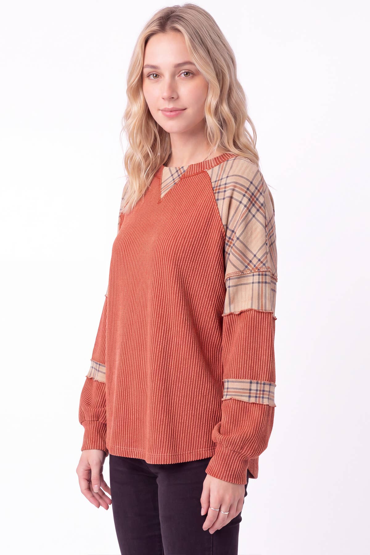 Plaid Contrast Rib Knit Top