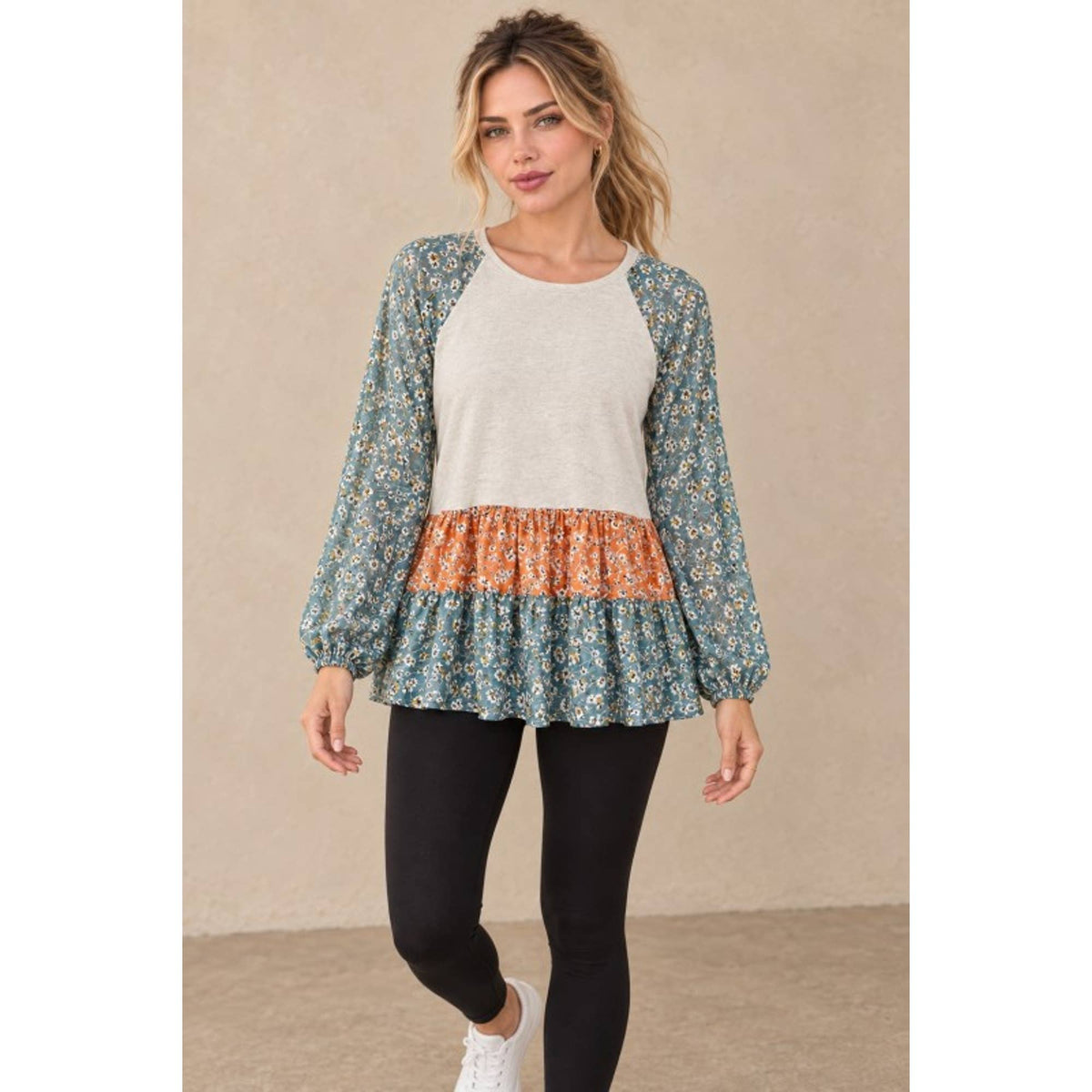 Mixed Floral Balloon Sleeve Ruffle Hem Top