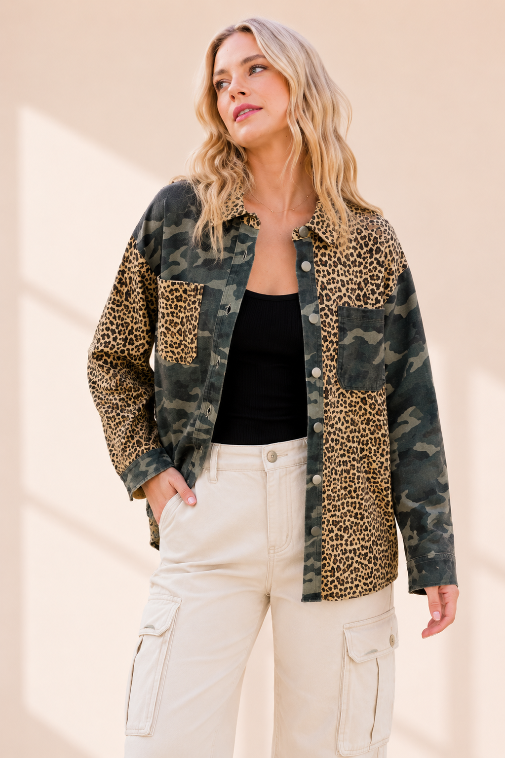 Camo and Leopard Contrast Woven Drop Shoulder Shacket