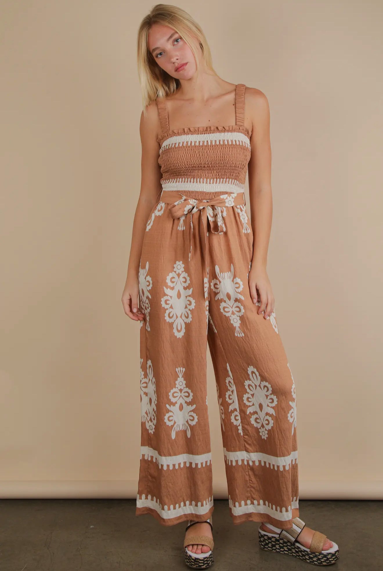 Boho Printed Smocking Detail Jumpsuit