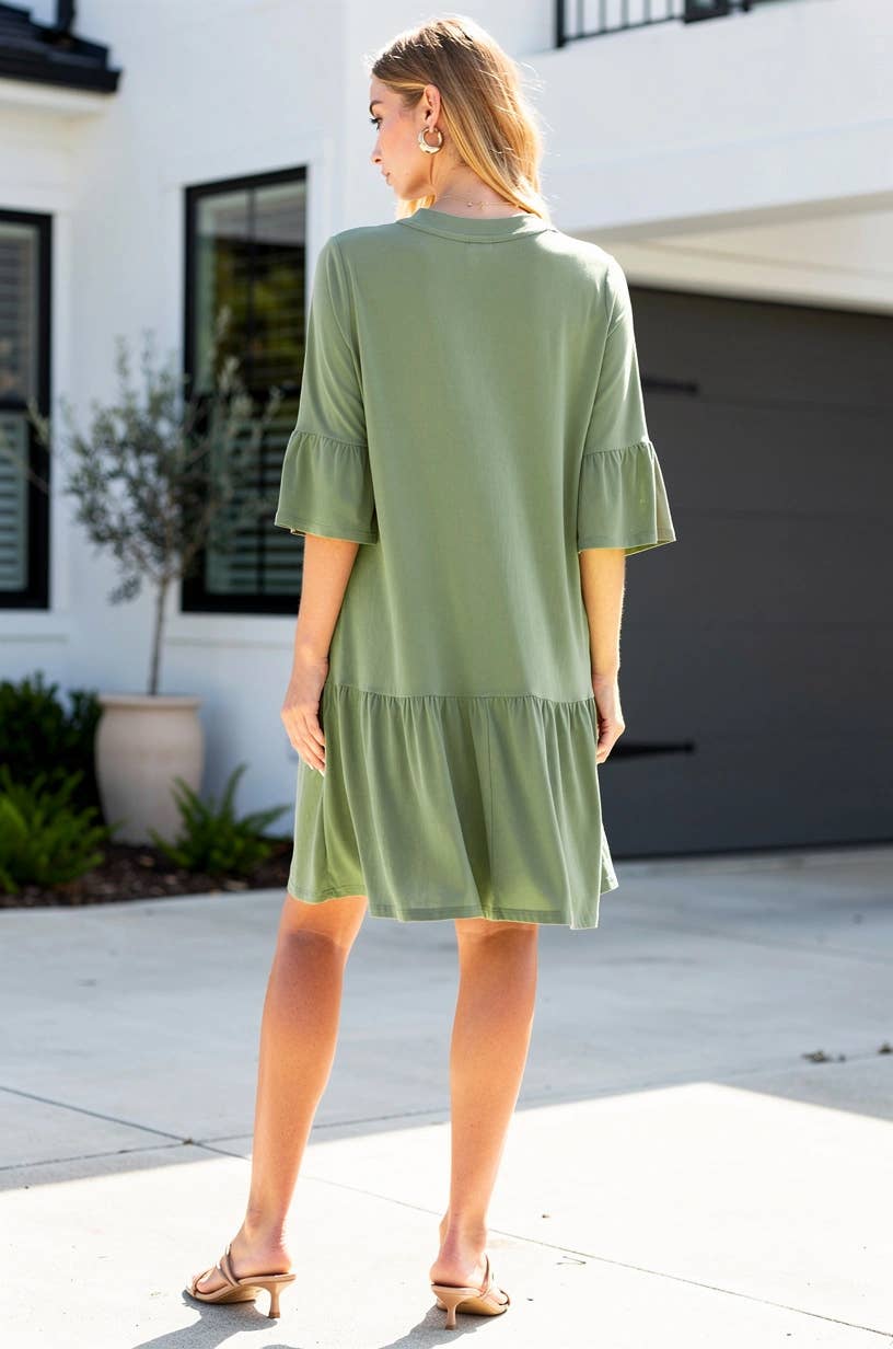 Shirred Tiered Relaxed 3/4 Sleeve Dress