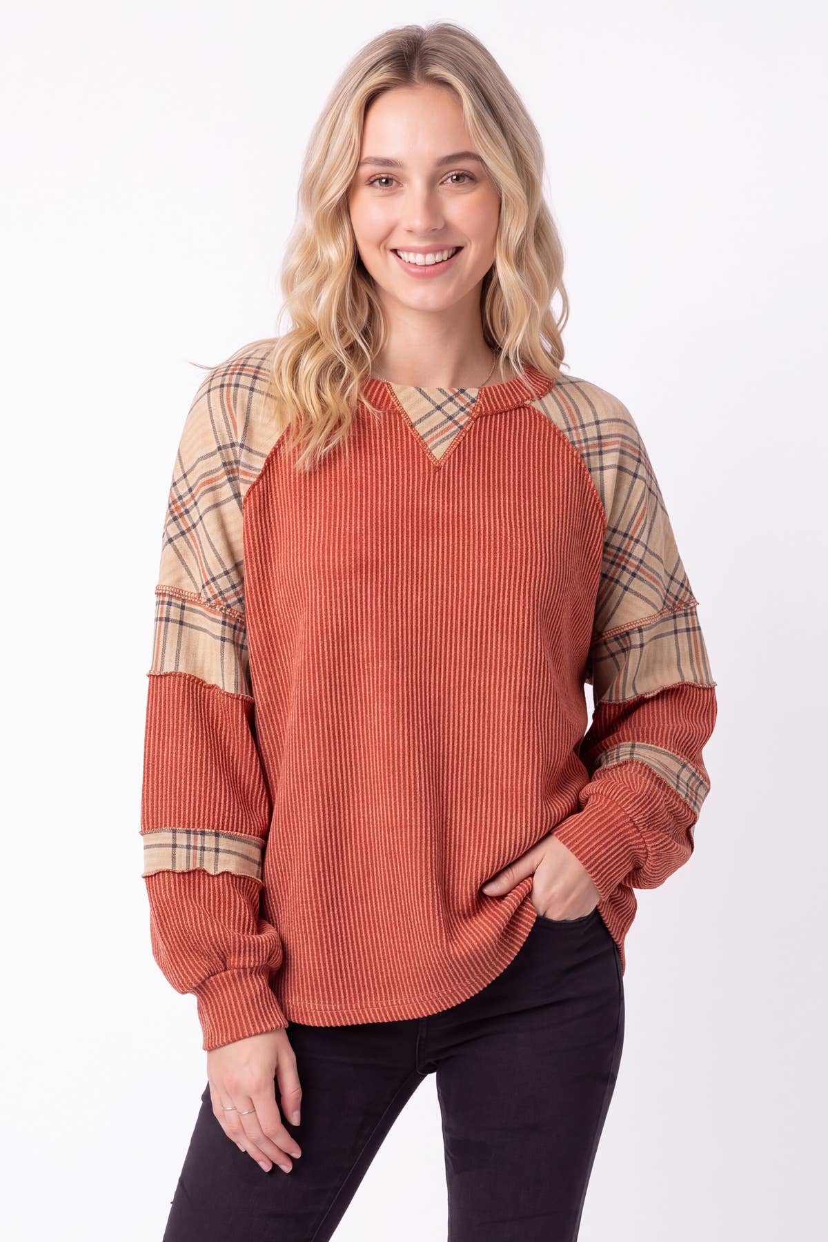 Plaid Contrast Rib Knit Top