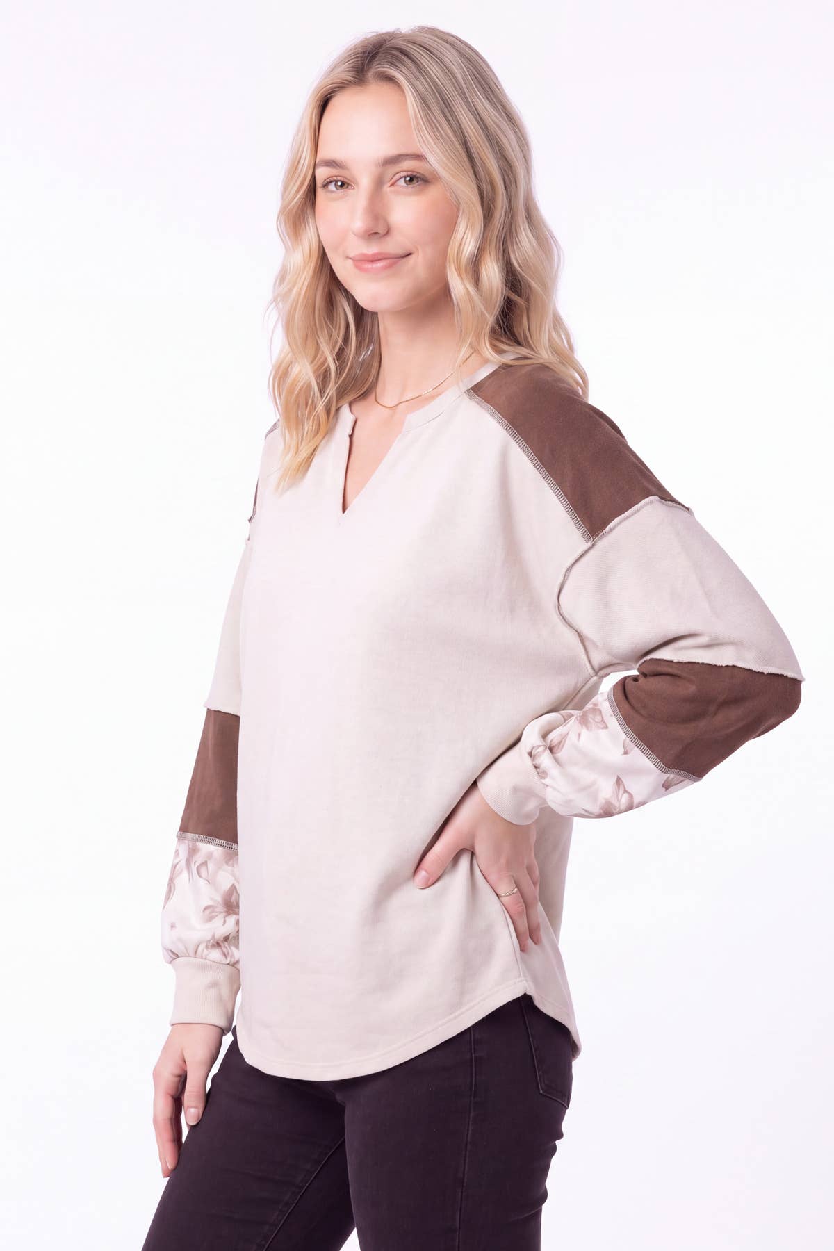 Color Block Floral Contrast Long Sleeve Top