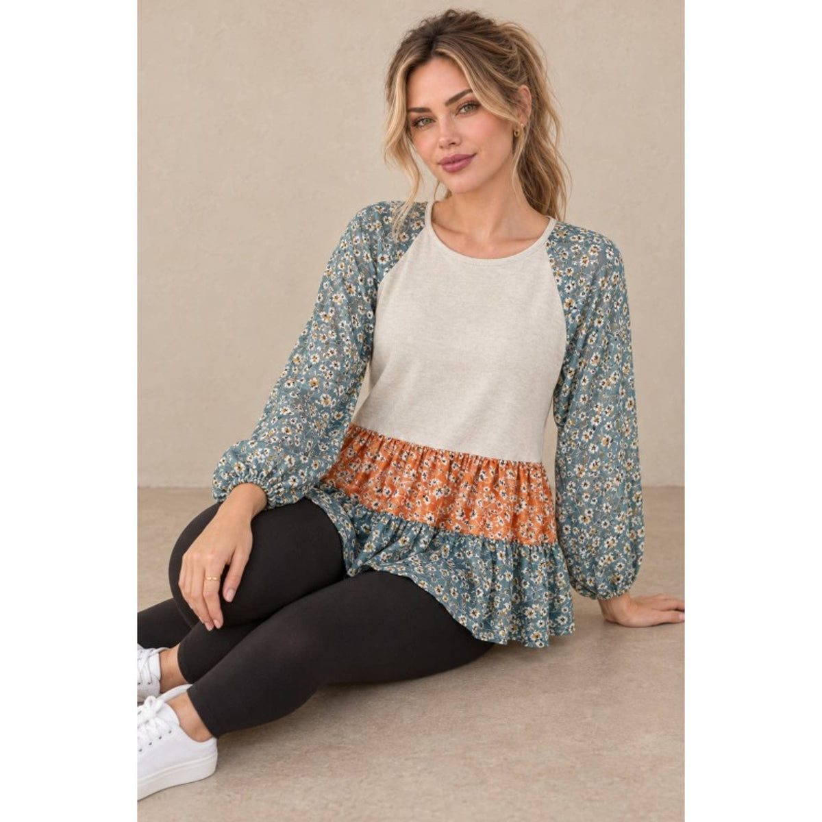 Mixed Floral Balloon Sleeve Ruffle Hem Top