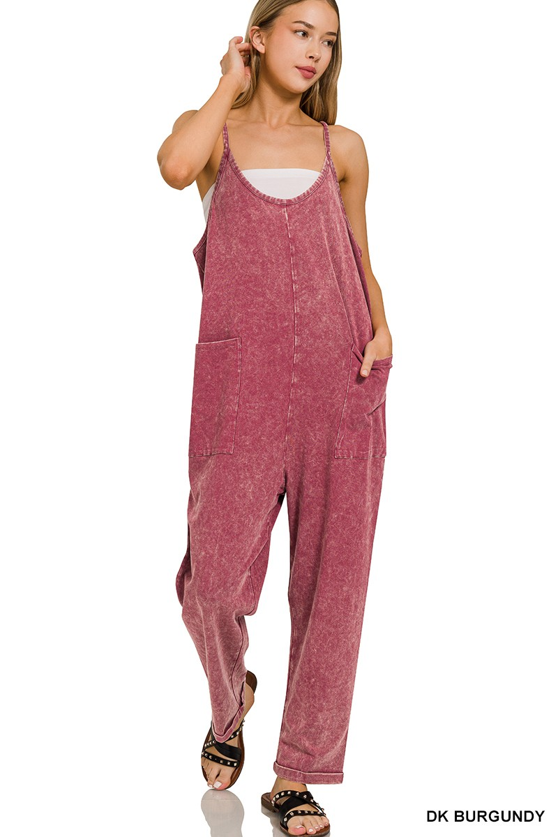 Washed Spaghetti Straps Overalls w/pockets