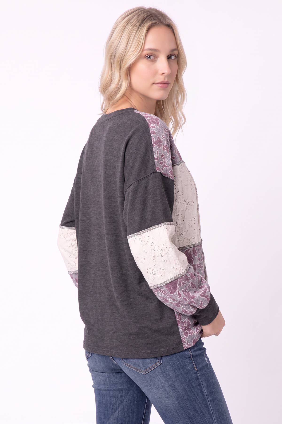 Patchwork Paisley& Lace Contrast Long Sleeve Top