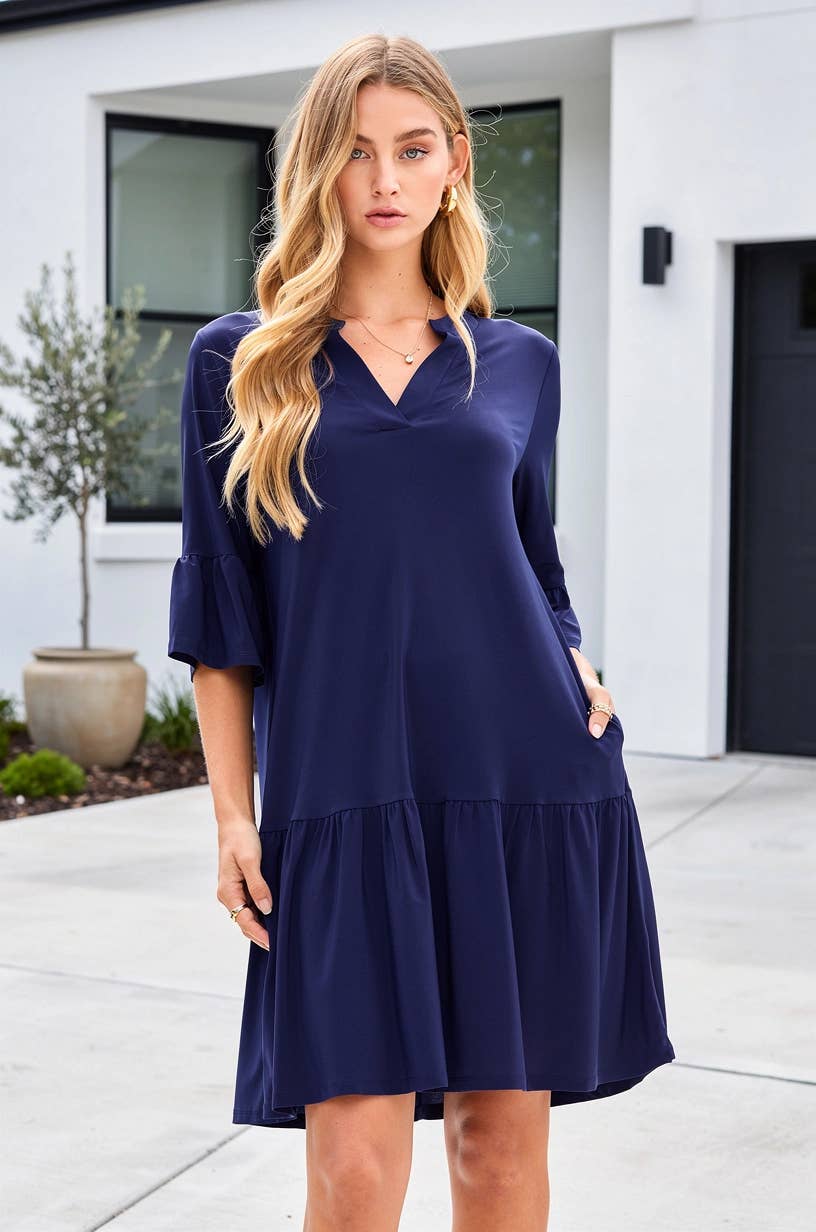 Shirred Tiered Relaxed 3/4 Sleeve Dress