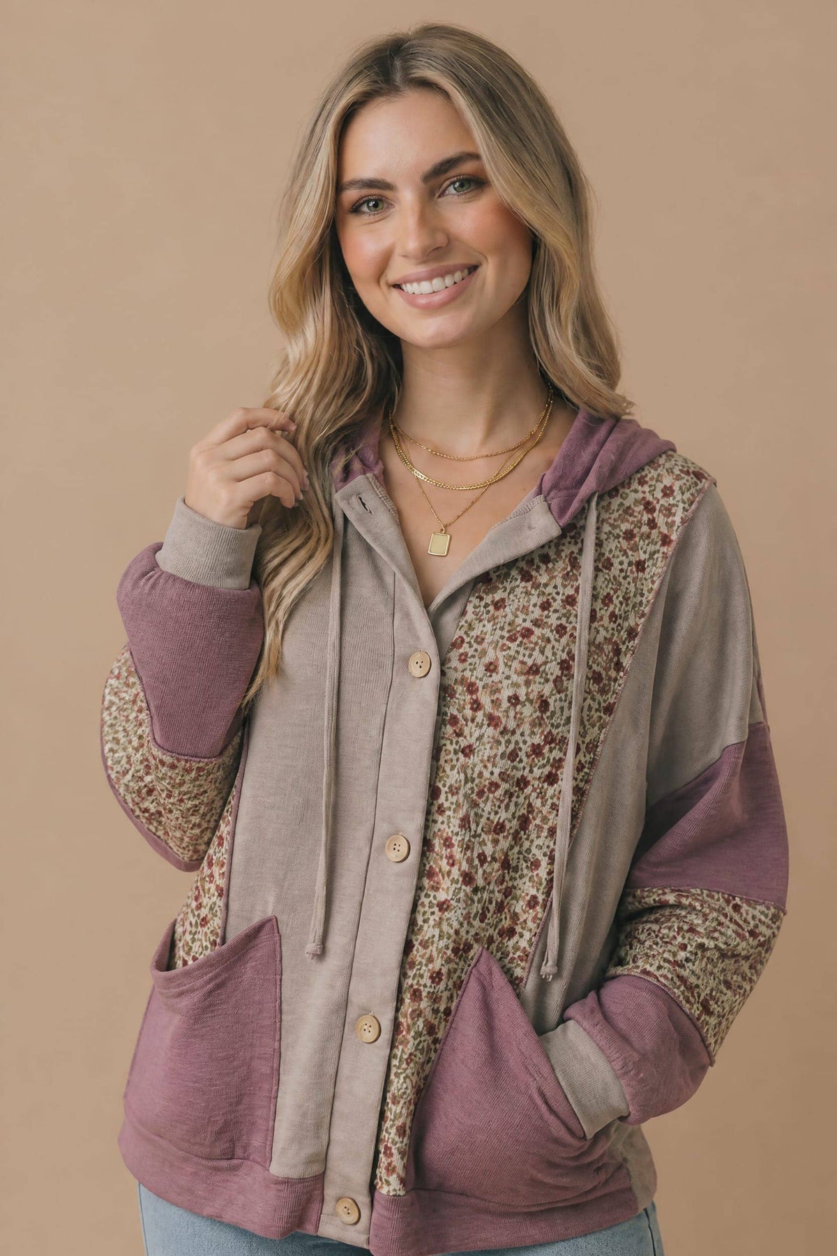 Mixed Media Bubble Sleeve Hoodie Jacket