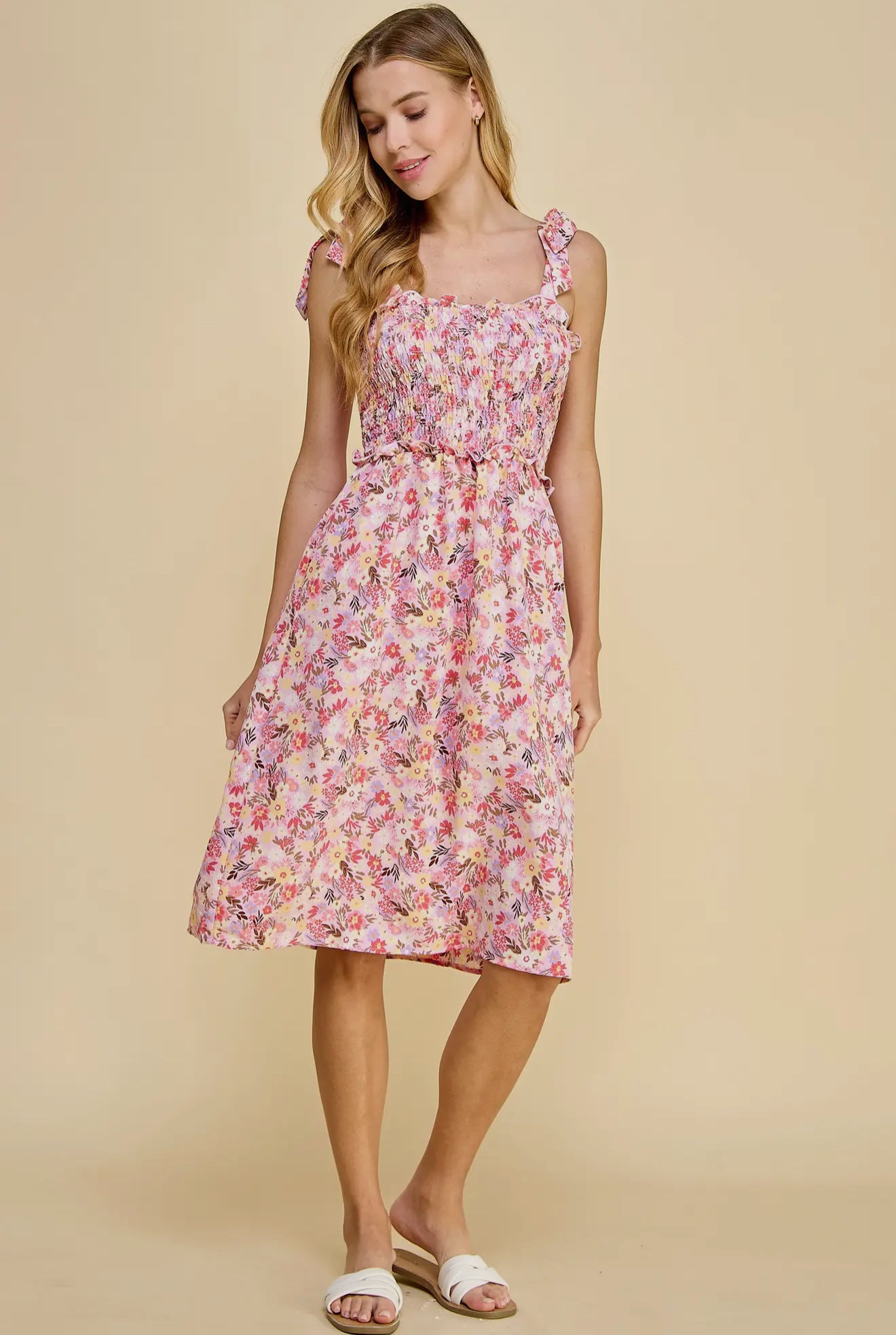 Pink Floral Smocked Midi Dress