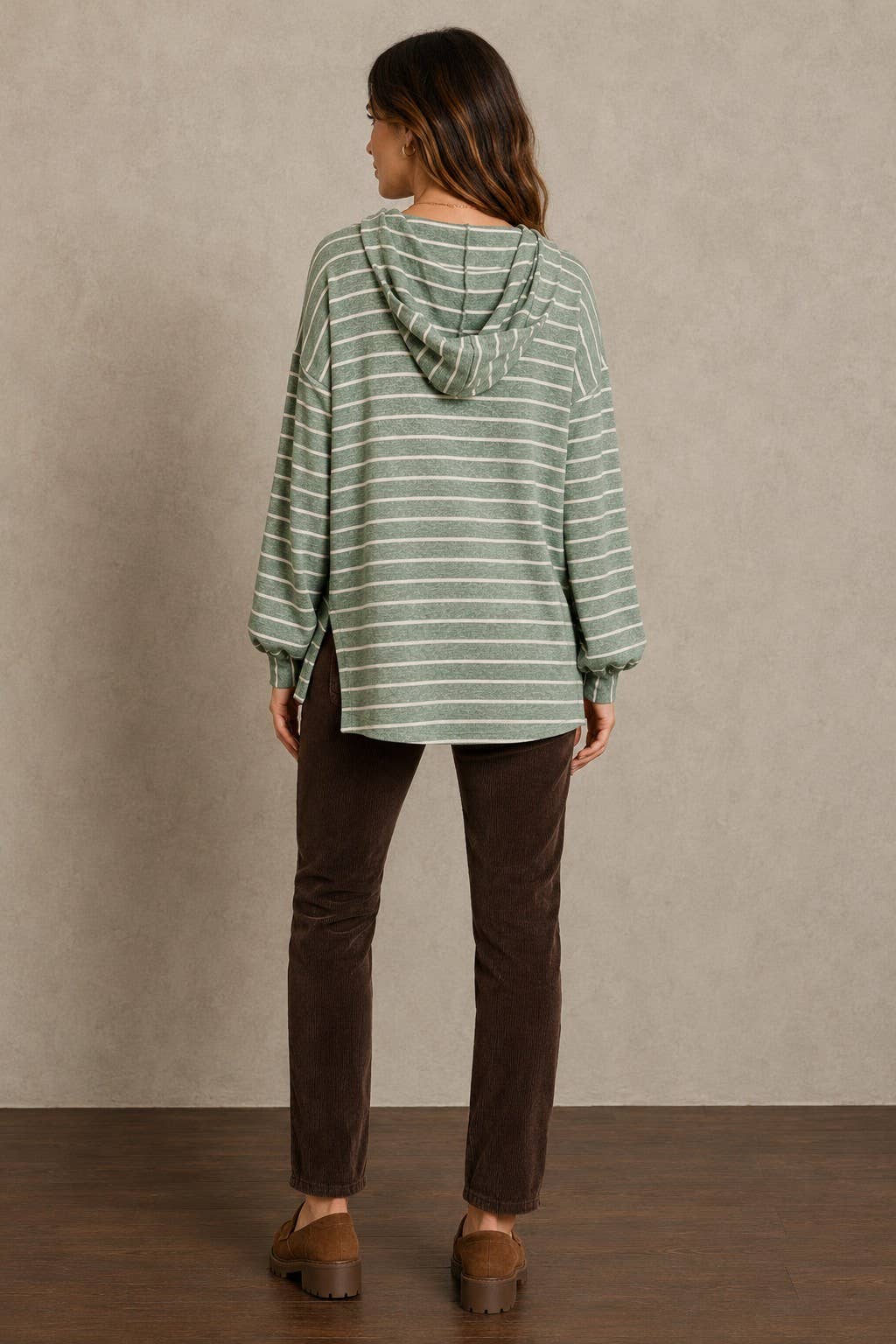 Striped Henley Knit Hoodie with Kangaroo Pocket