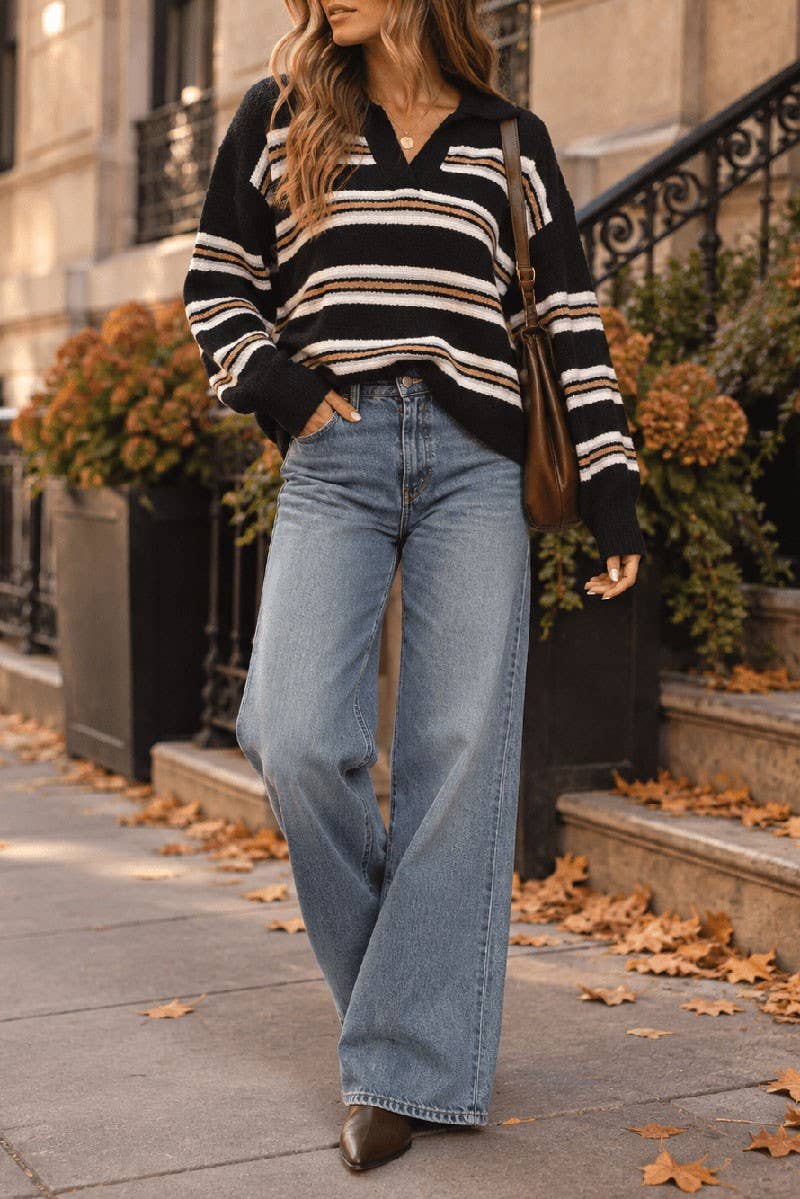 LONG SLEEVE V-NECK STRIPES COLORBLOCK PULLOVER SWEATER