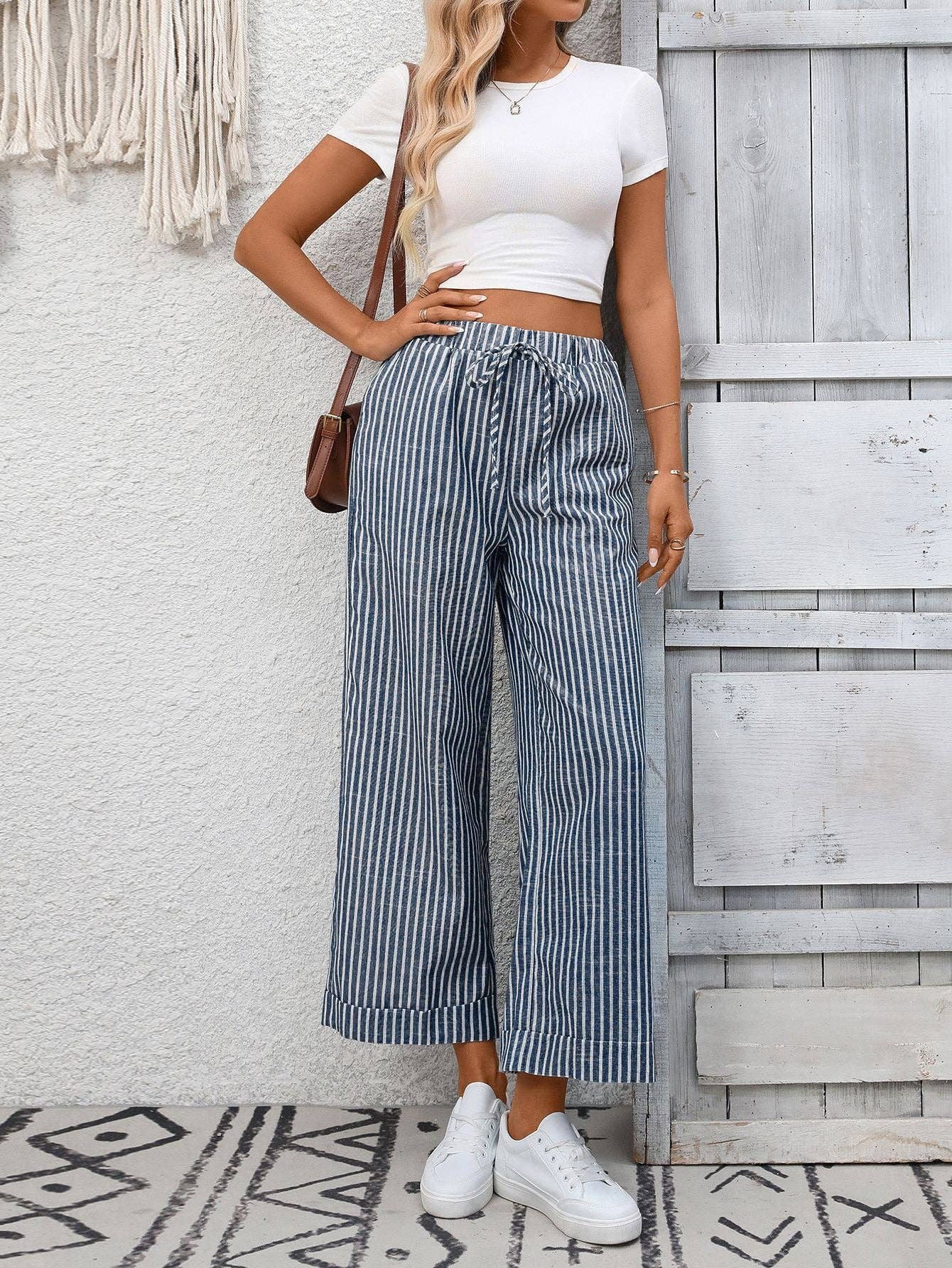 Striped High Waist Cropped Straight Leg Pants