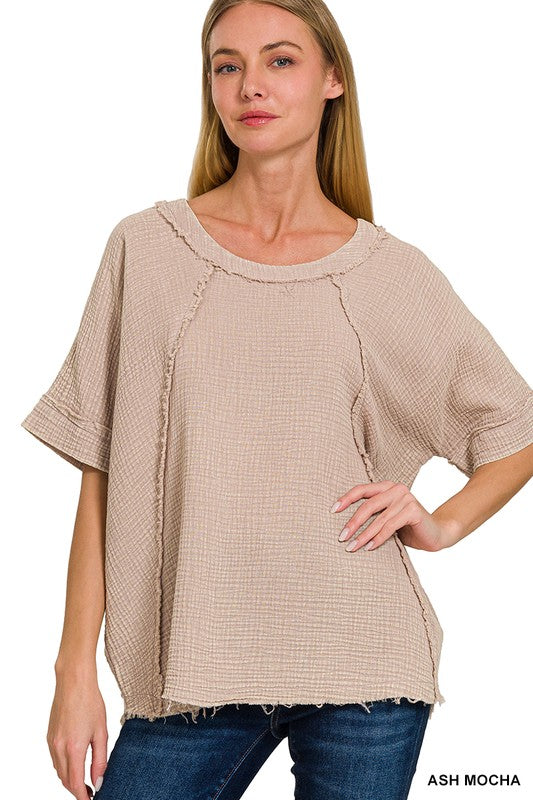 Round Neck Washed Double Gauze Raw Edge Short Sleeve Shirt