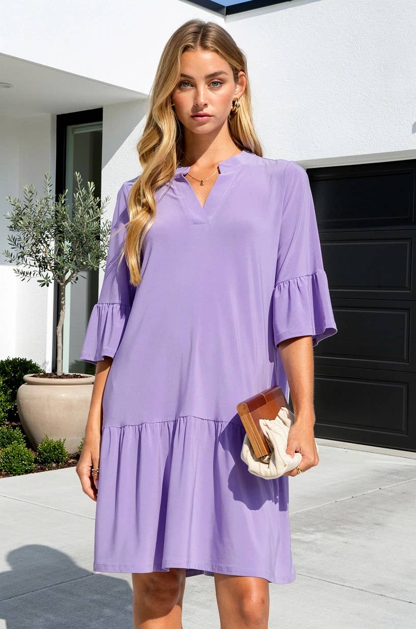 Shirred Tiered Relaxed 3/4 Sleeve Dress