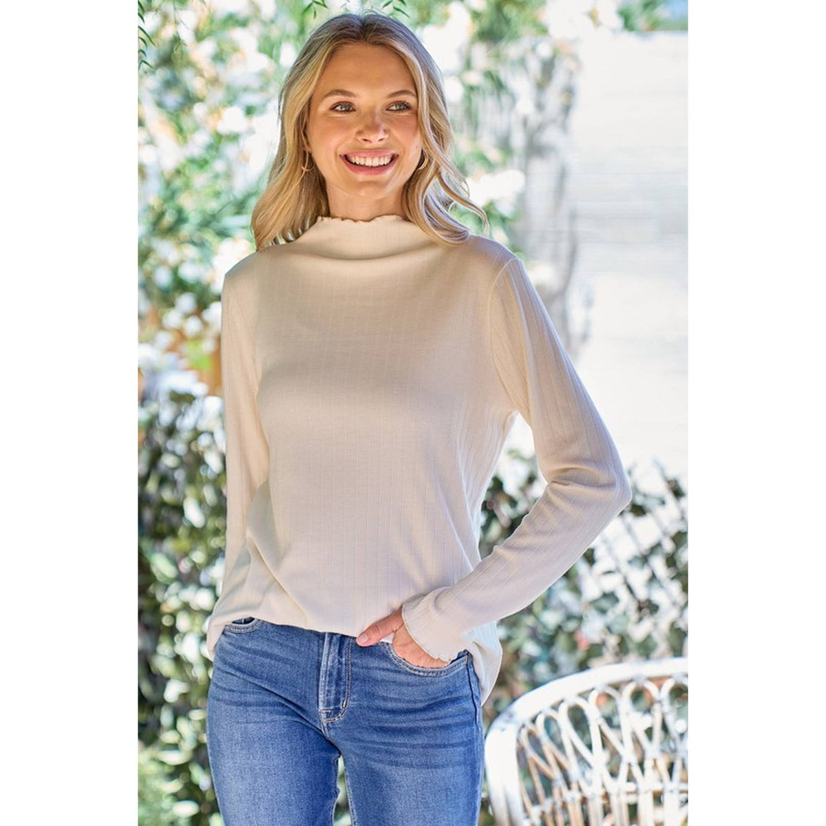 Ribbed Mock Neck Long Sleeve Lettuce Edge Knit Top