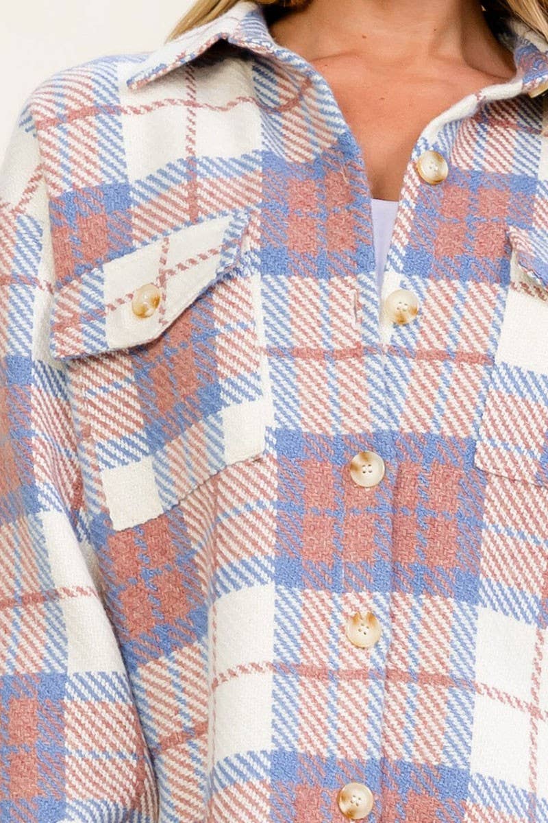 LONG SLEEVE BUTTON UP FRONT POCKETS PLAID JACKET