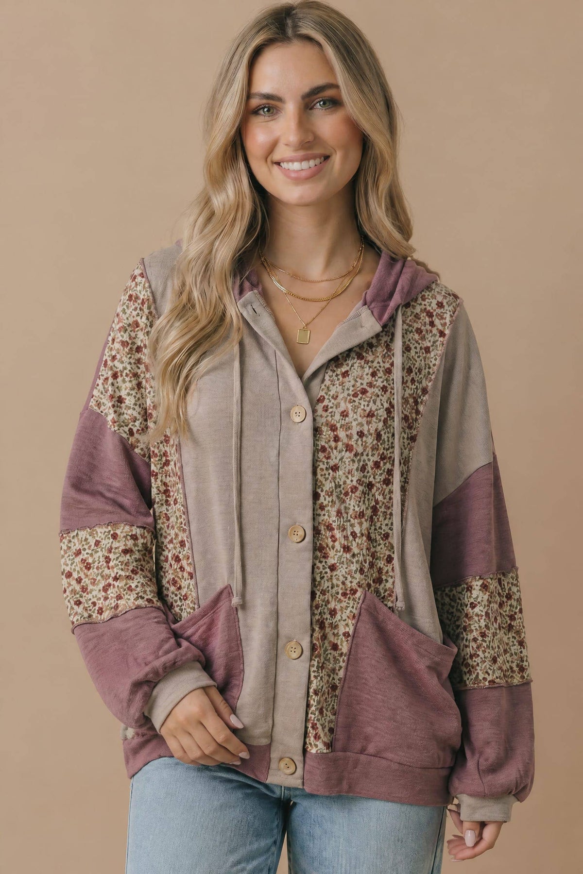 Mixed Media Bubble Sleeve Hoodie Jacket