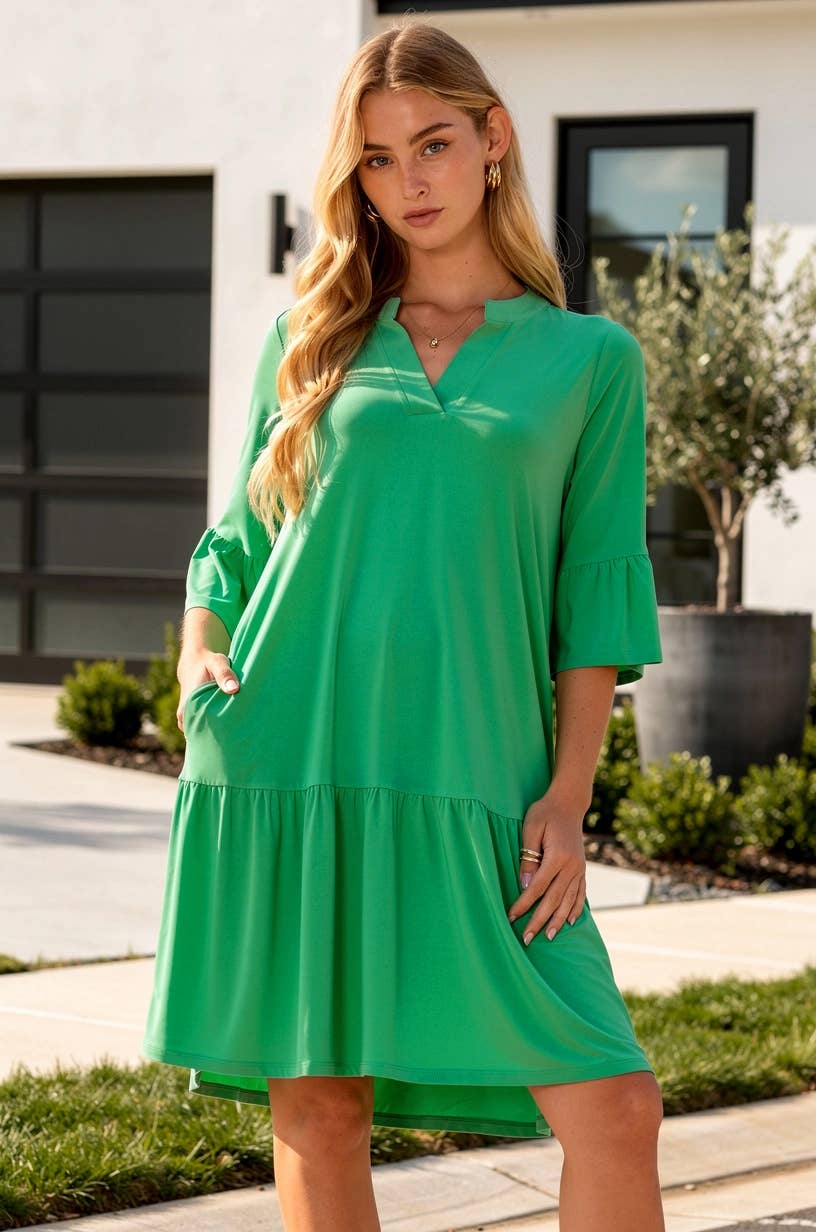 Shirred Tiered Relaxed 3/4 Sleeve Dress