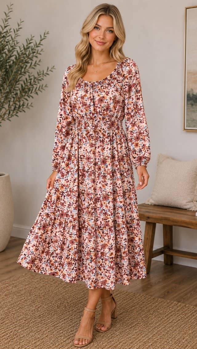 Peach Floral Midi Dress