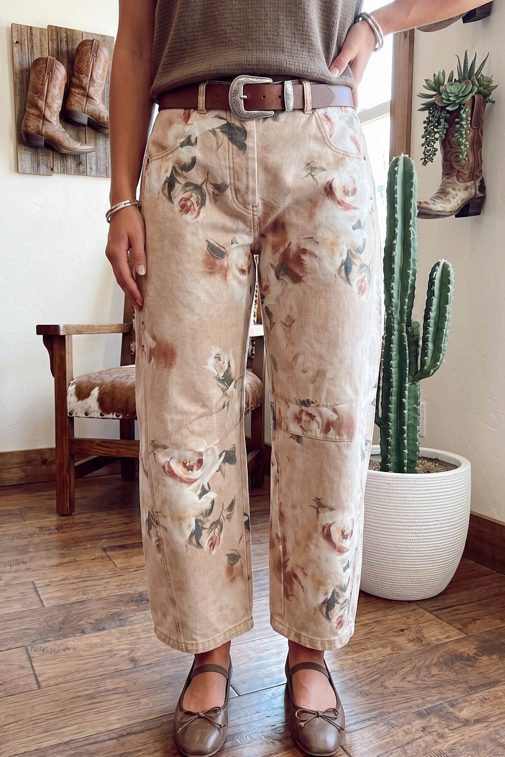 Floral Straight Leg Jeans Vintage Ankle Denim Pants