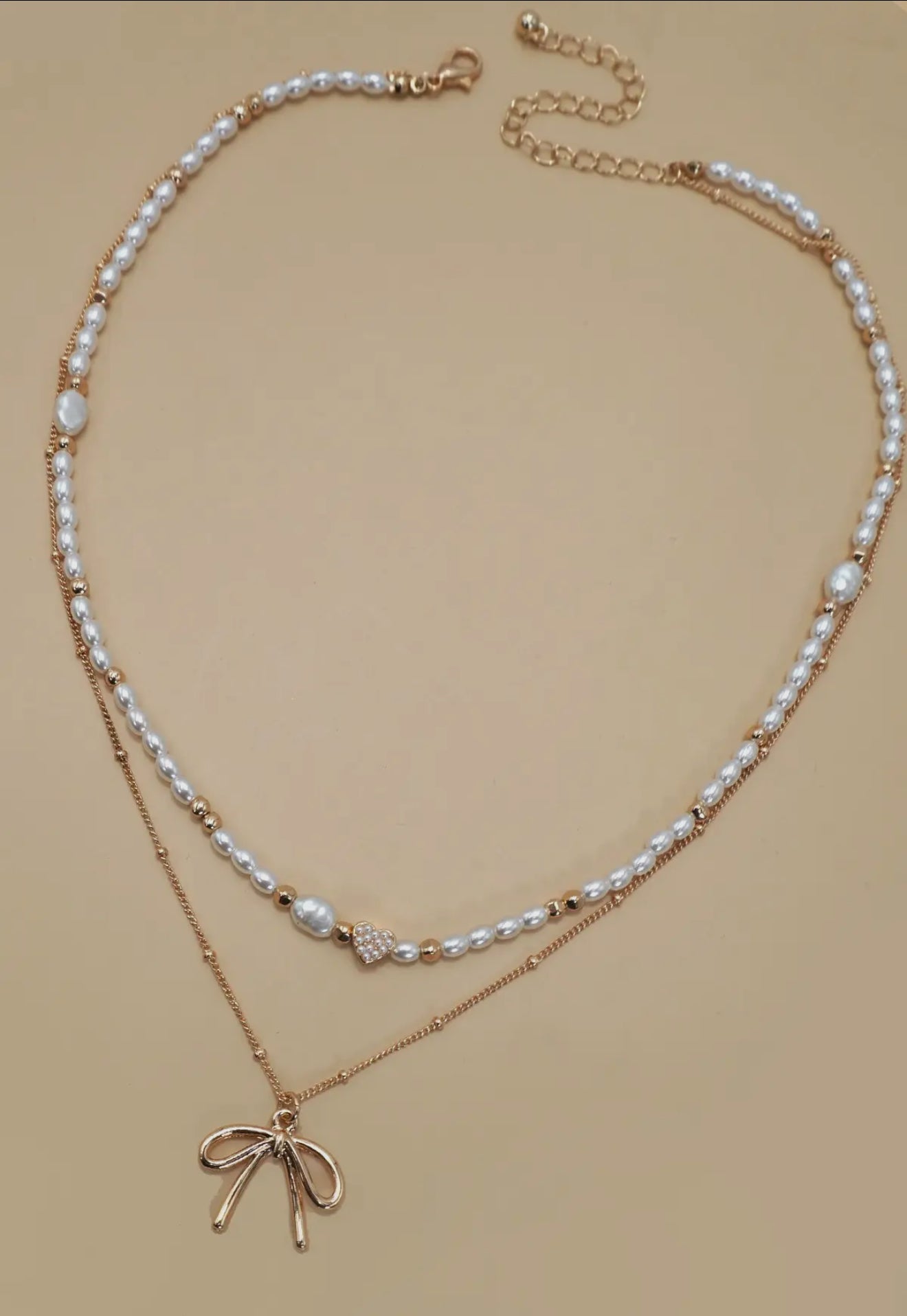 Pearl Heart Bow Ball Chain Double Layer Necklace