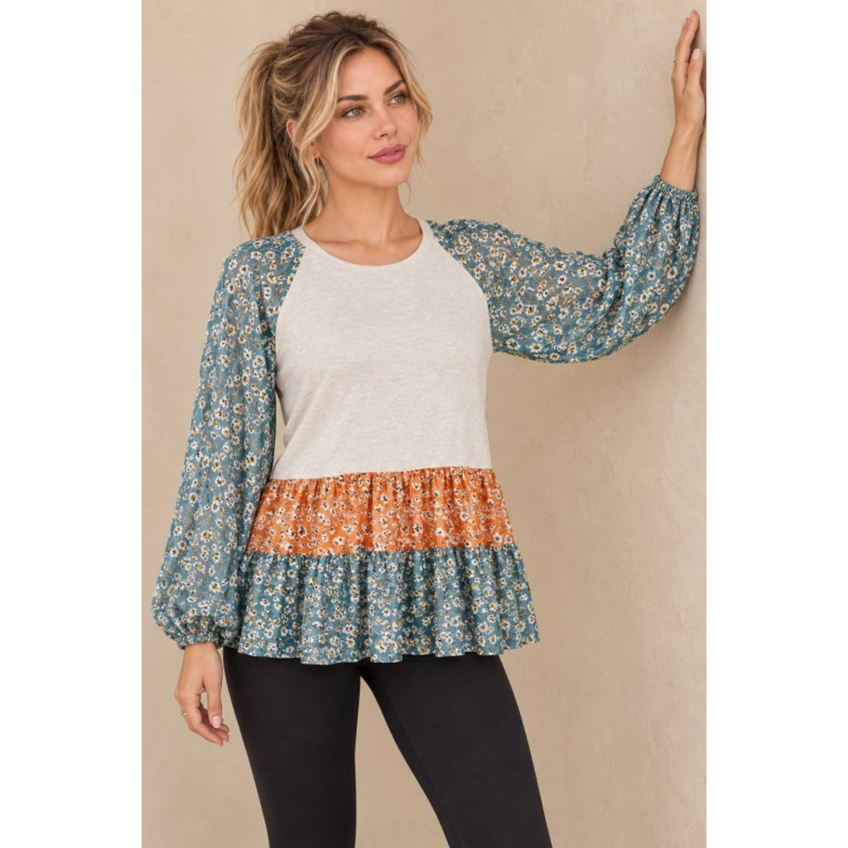Mixed Floral Balloon Sleeve Ruffle Hem Top