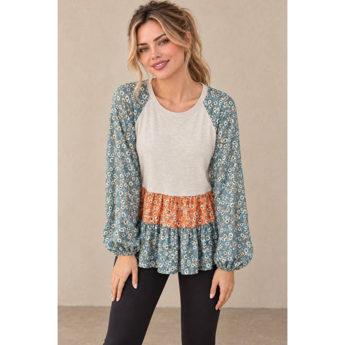 Mixed Floral Balloon Sleeve Ruffle Hem Top