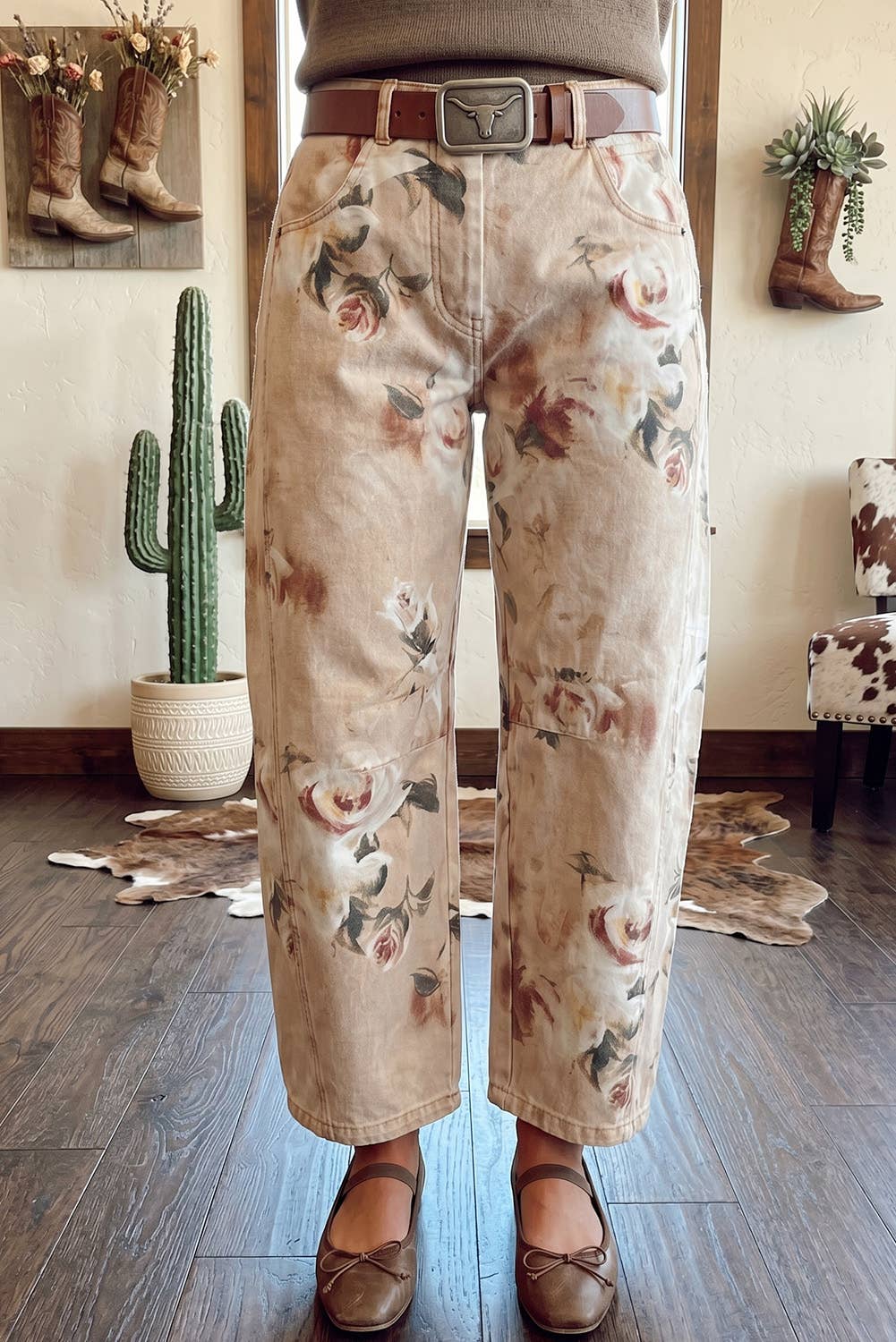Floral Straight Leg Jeans Vintage Ankle Denim Pants