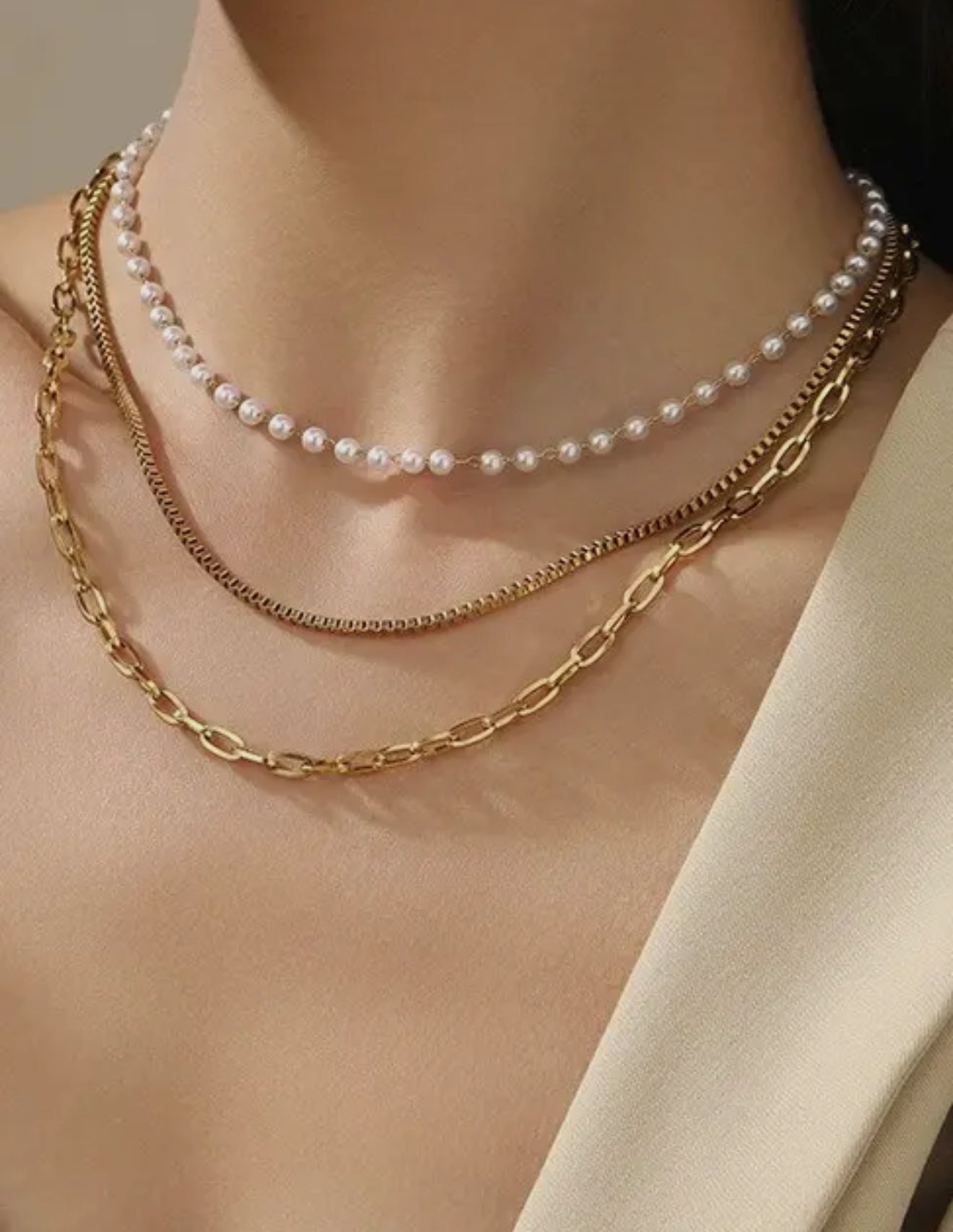 18K Stainless Steel Tarnish Free 3-piece Pearl Layered Necklace