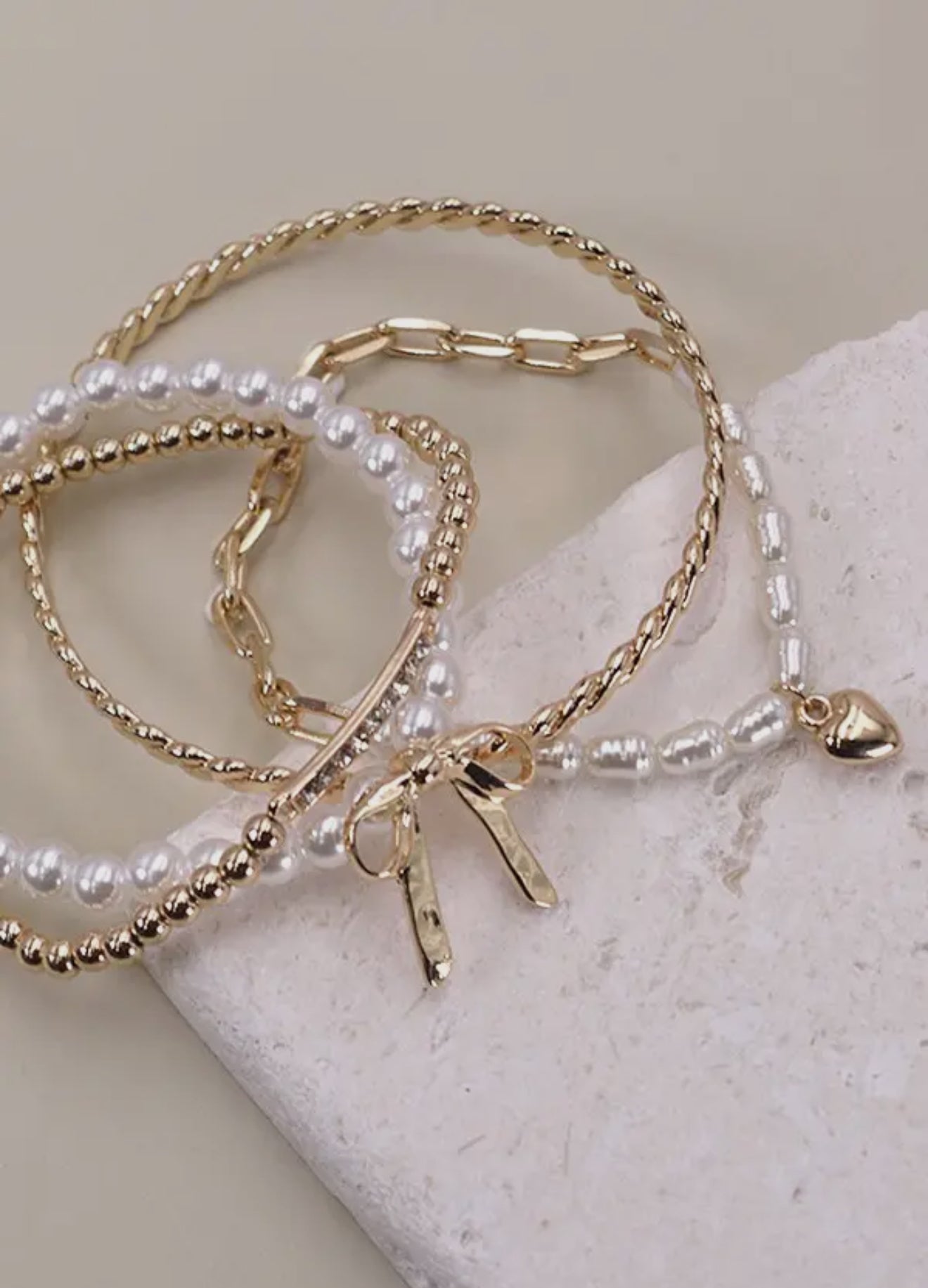 Bow Pearl Rhinestone Bar Stretch Bangle Set