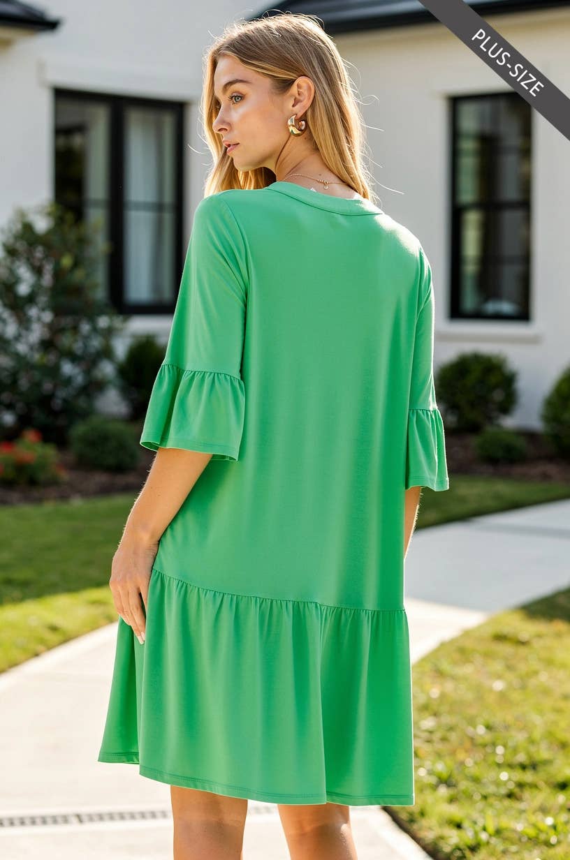 PLUS SIZE Shirred Tiered Relaxed 3/4 Sleeve Dress