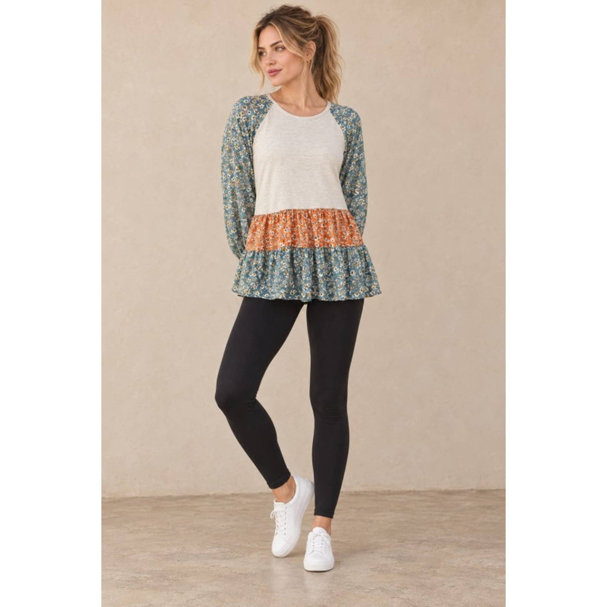 Mixed Floral Balloon Sleeve Ruffle Hem Top