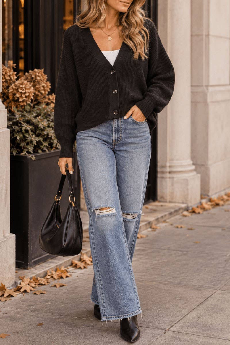LONG SLEEVE V-NECK BUTTON UP KNIT SWEATER