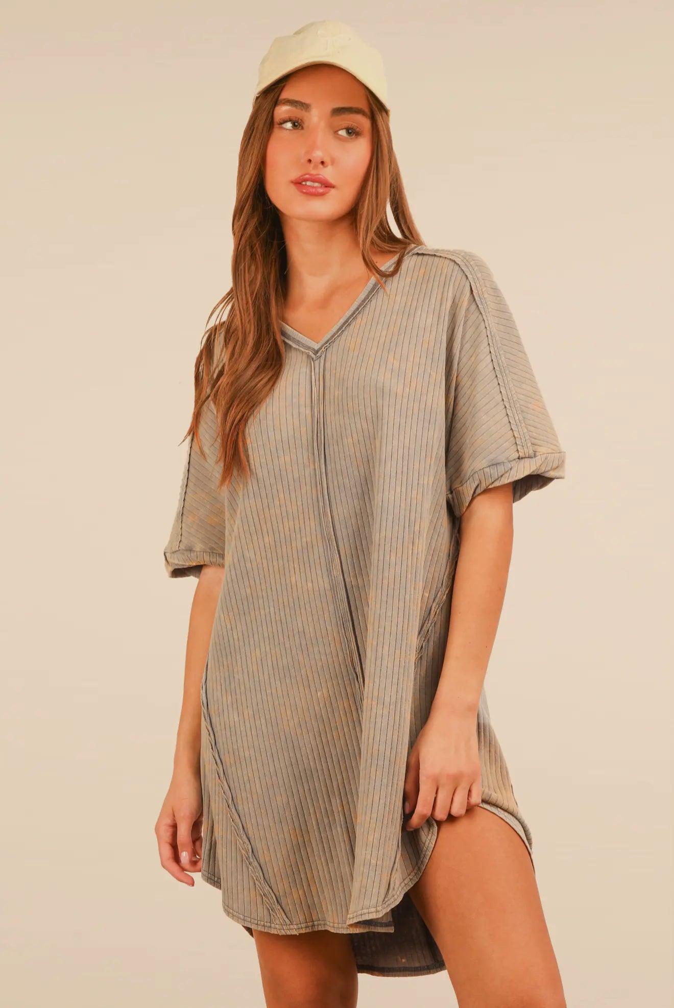 Mineral Washed Ribbed Knit Shift Mini Dress