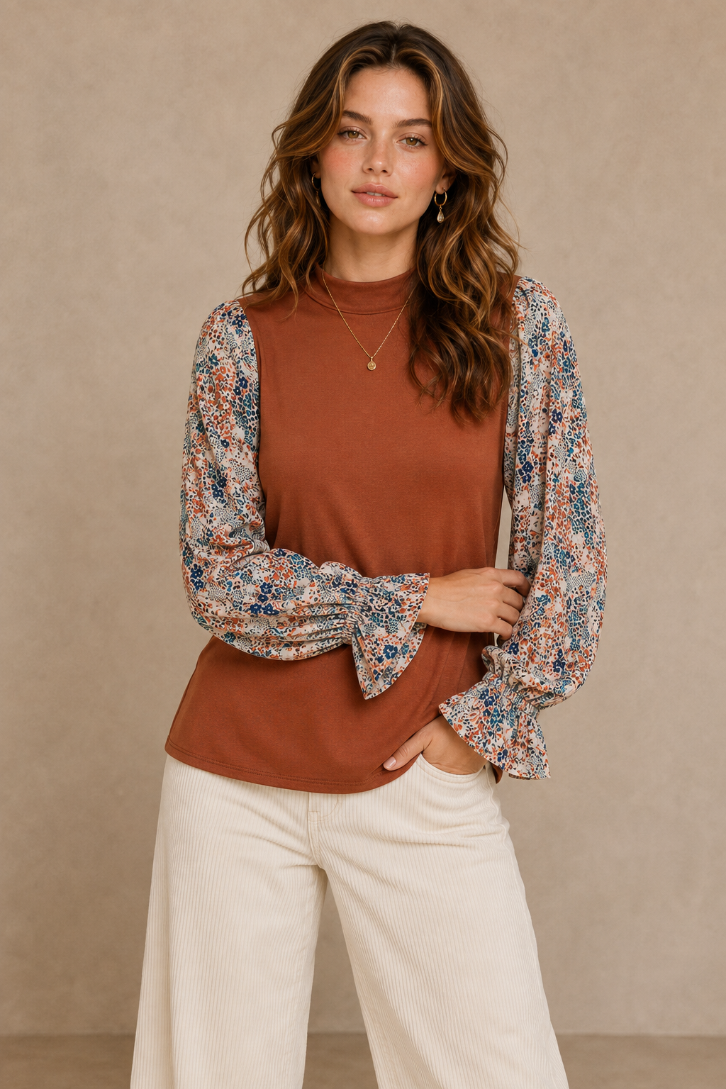 Mixed Media Floral Ruffle Sleeve Mock Neck Knit Top