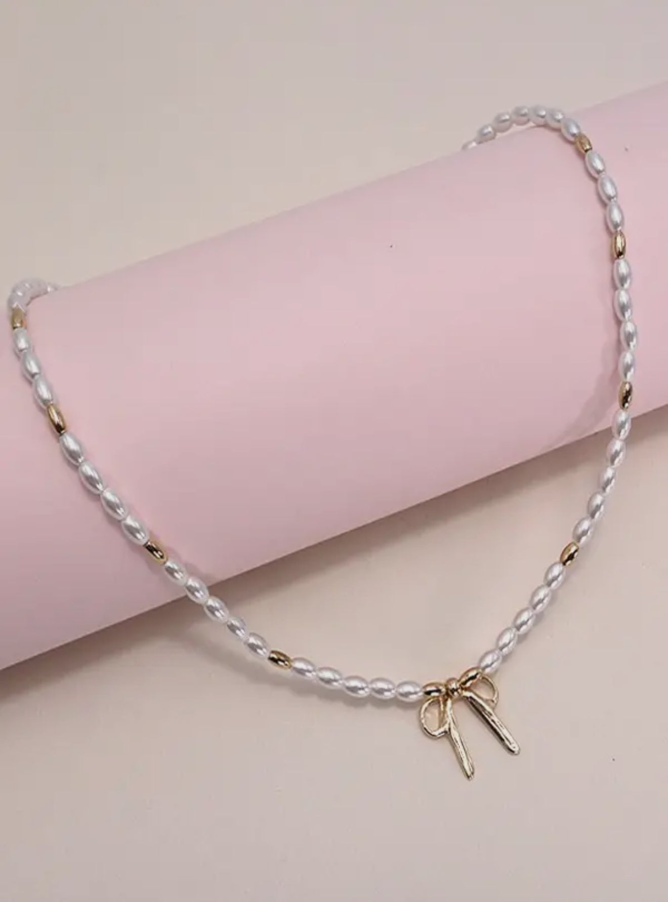 Bow Ribbon Pearl Gold Mix Chain Necklace
