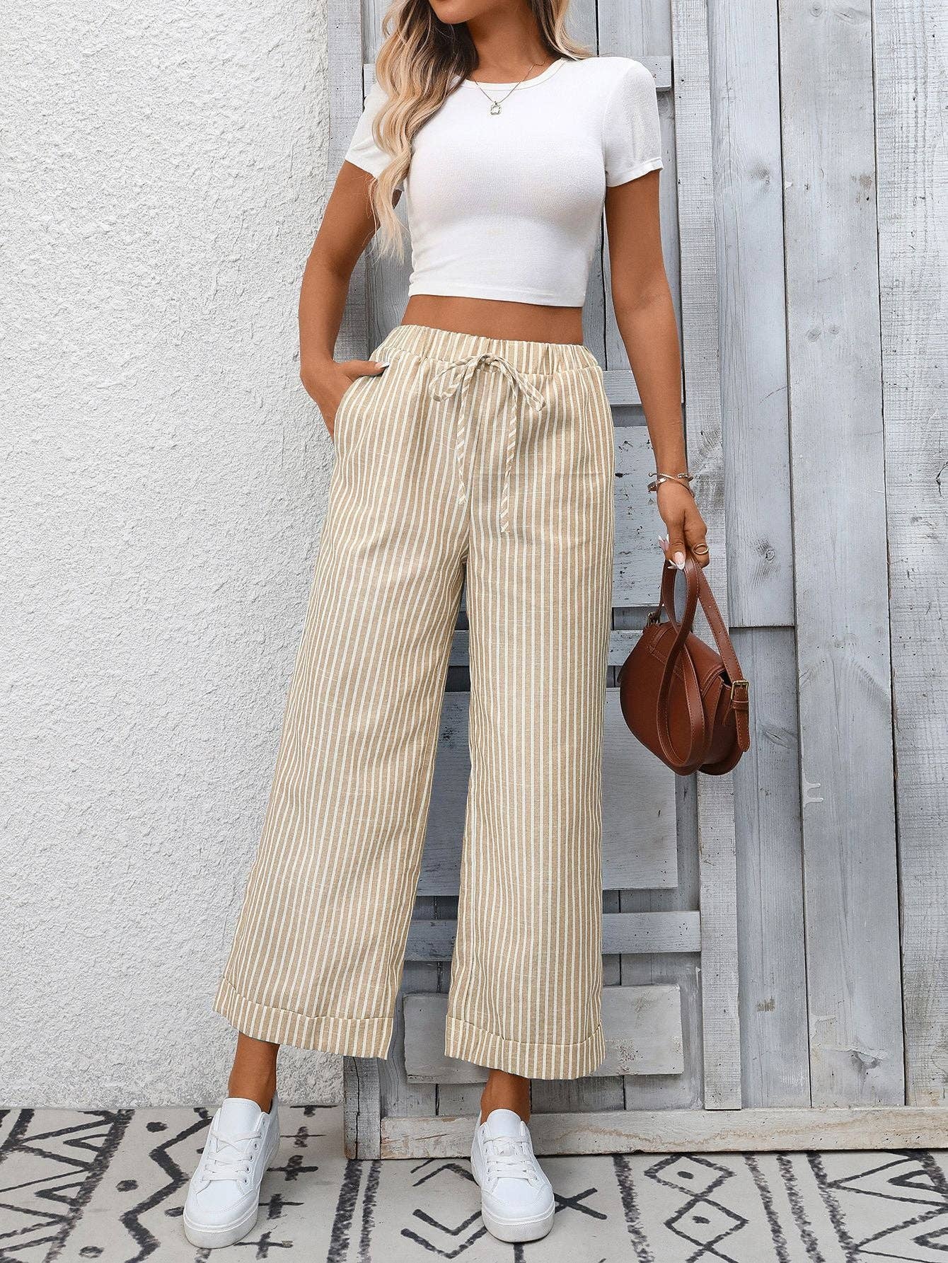 Striped High Waist Cropped Straight Leg Pants