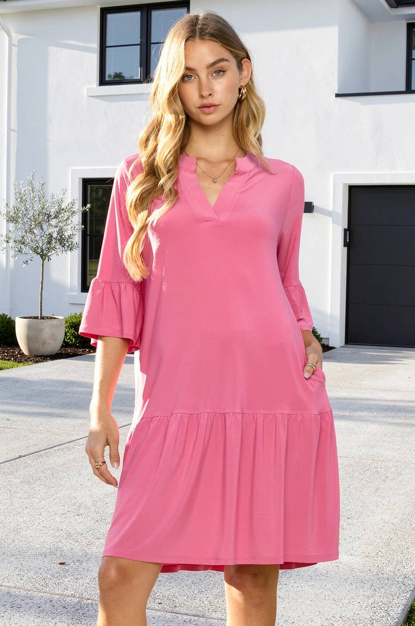 Shirred Tiered Relaxed 3/4 Sleeve Dress