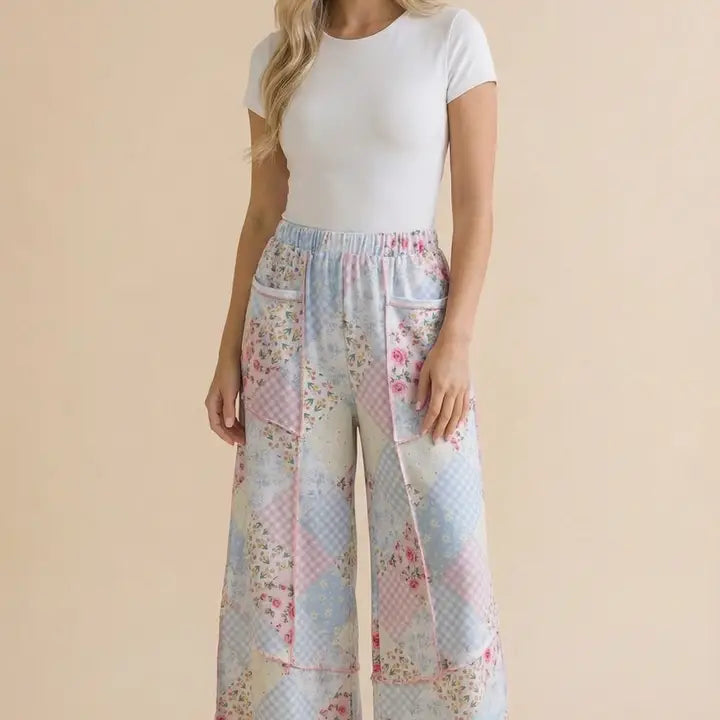 Floral Patchwork Reverse Stitch Wide Leg Pants