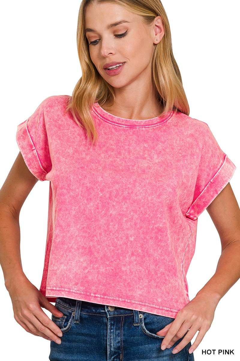 Washed Cuffed Short Sleeve Top