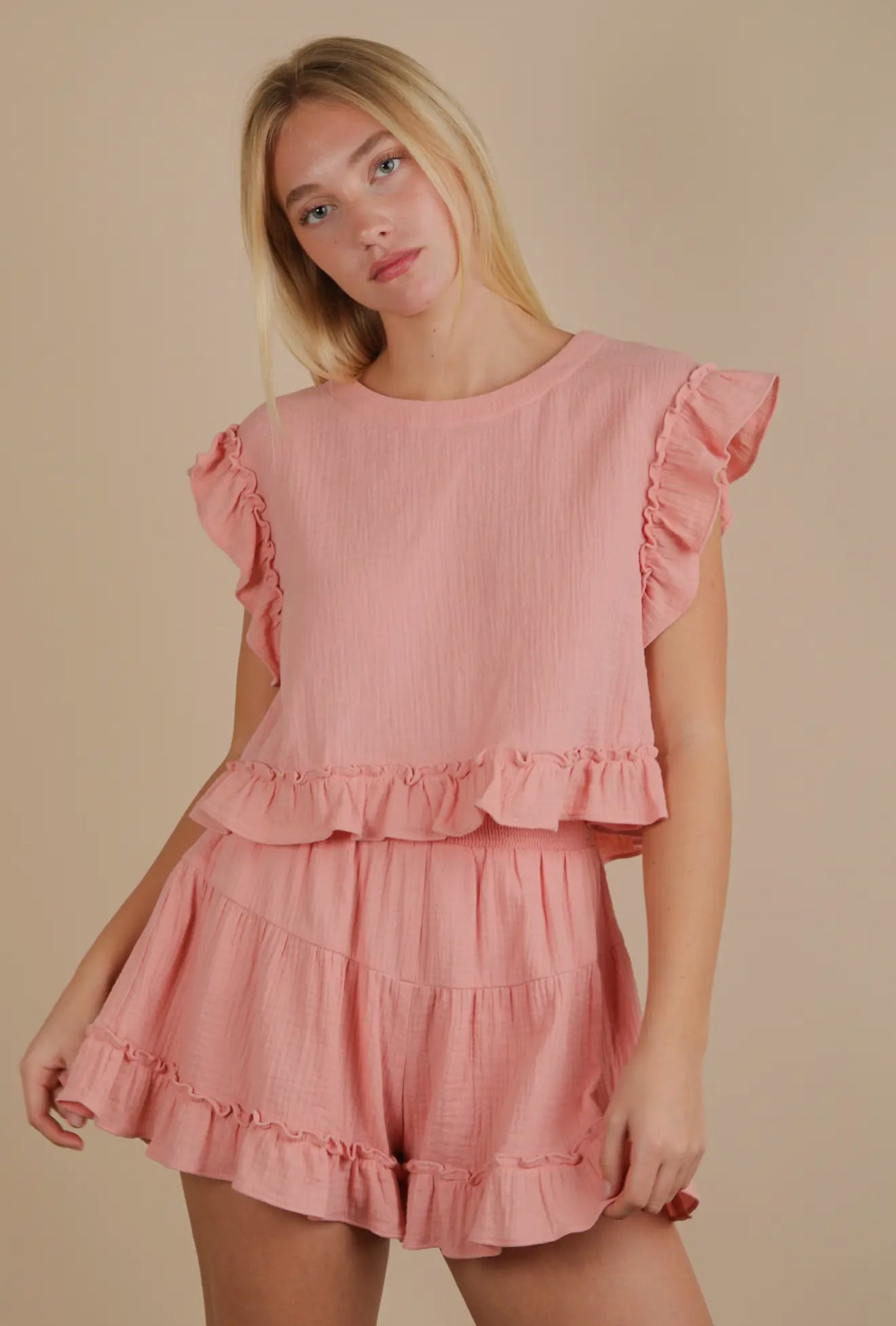 Ruffled Solid Woven Top & Shorts Set