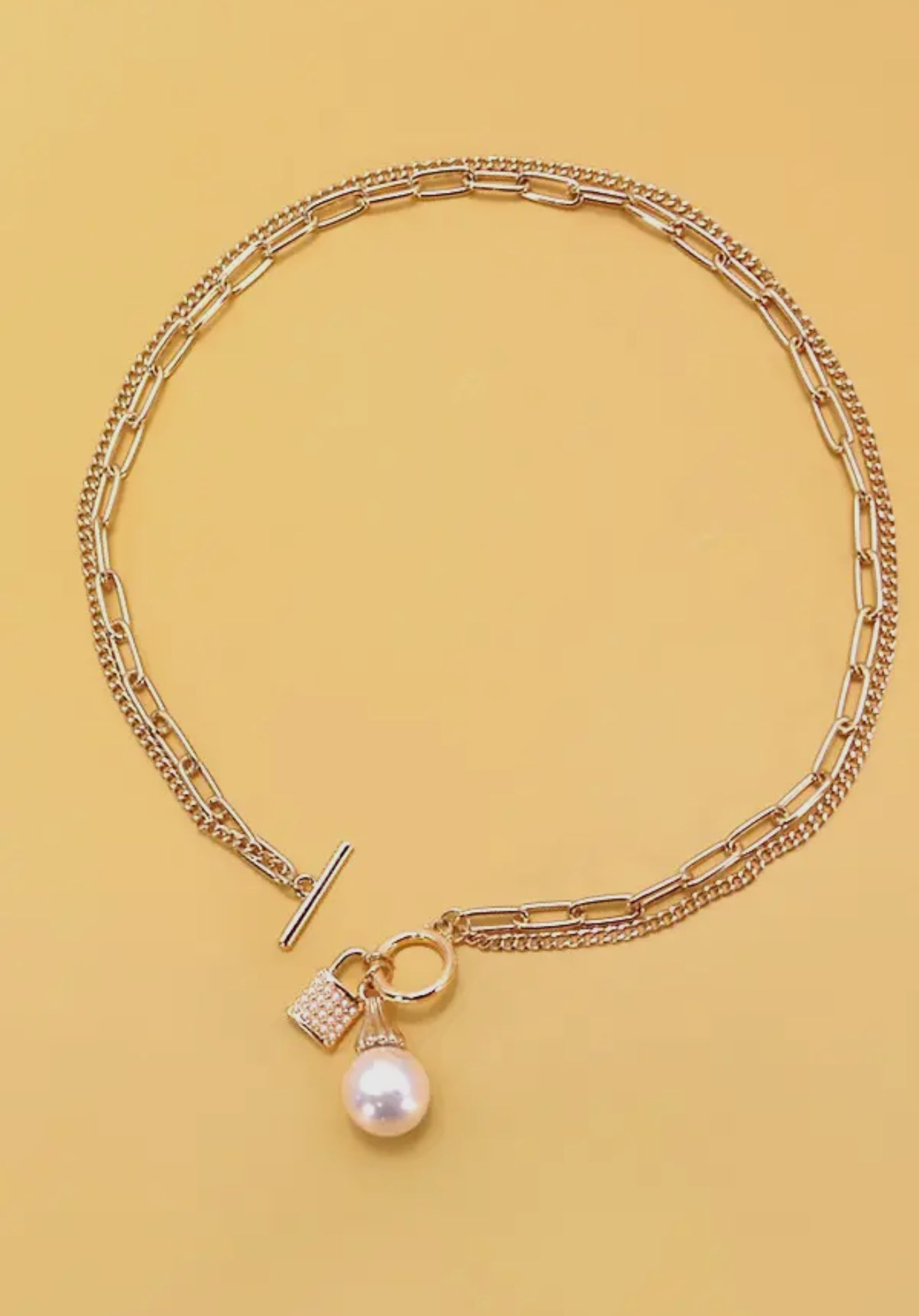 Pearl Lock Charm Double Layer Toggle Necklace