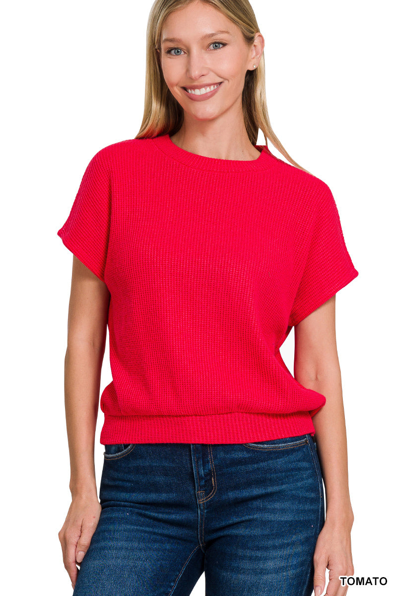 Round Neck Banded Botton Short Sleeve Sweater