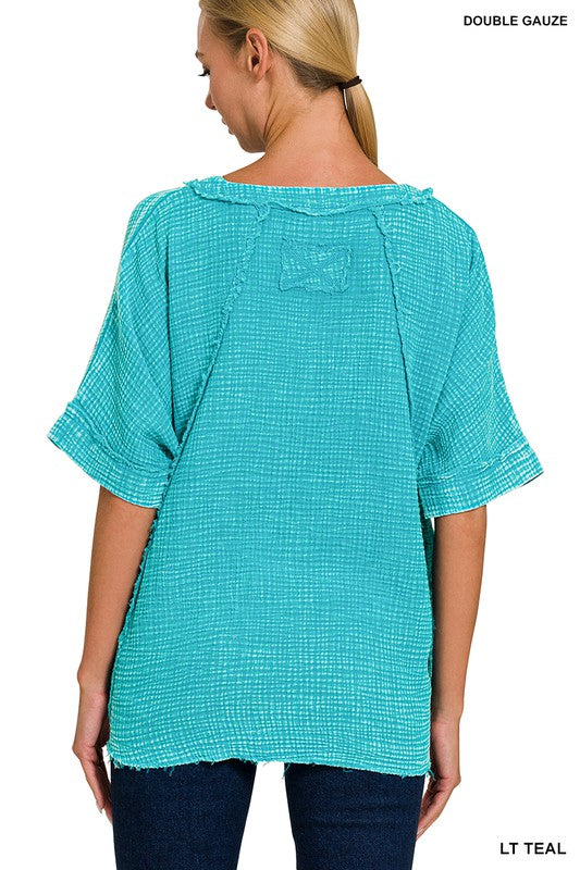 Round Neck Washed Double Gauze Raw Edge Short Sleeve Shirt