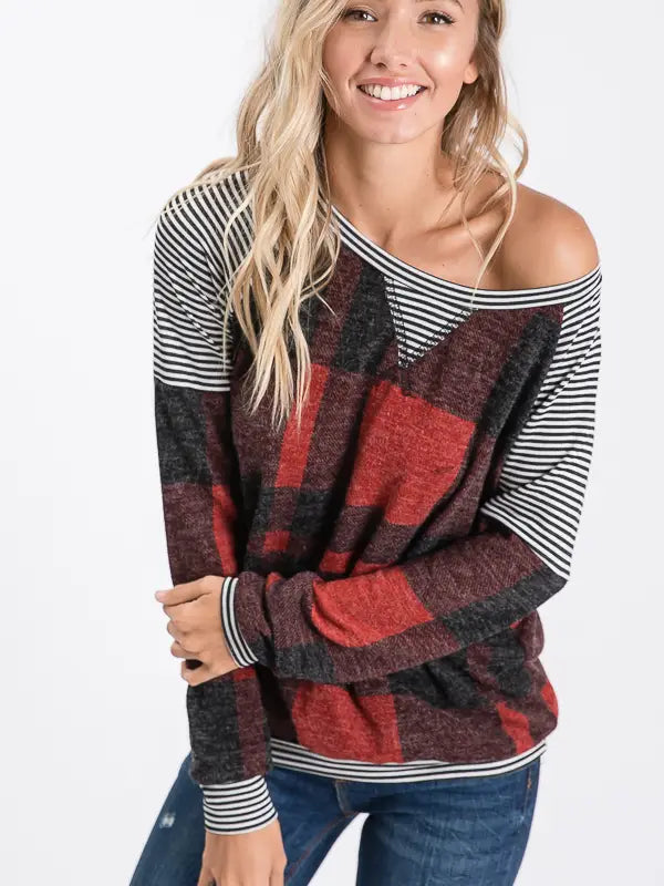 Brushed Mohiar Plaid Long Sleeve Top
