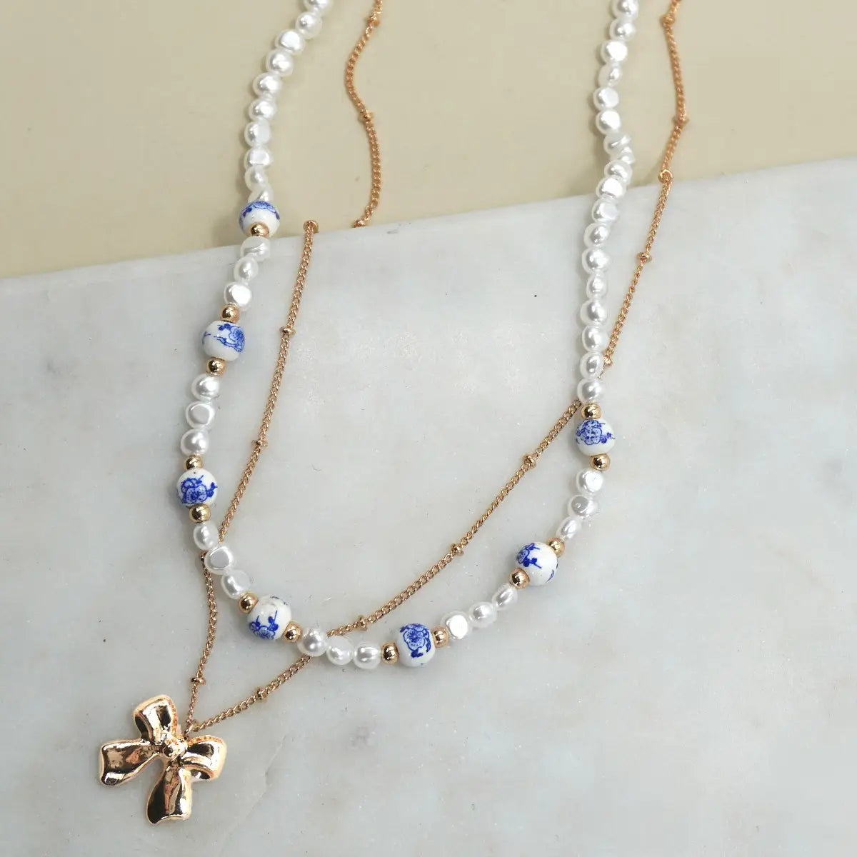 Ceramic Porcelain Pearl Bow Layer Necklace