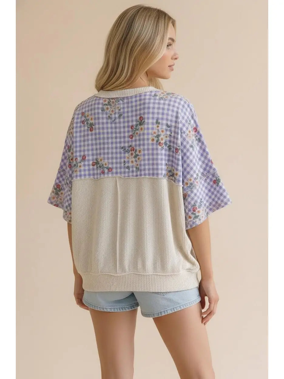 Color Block Gingham Floral Terry Top