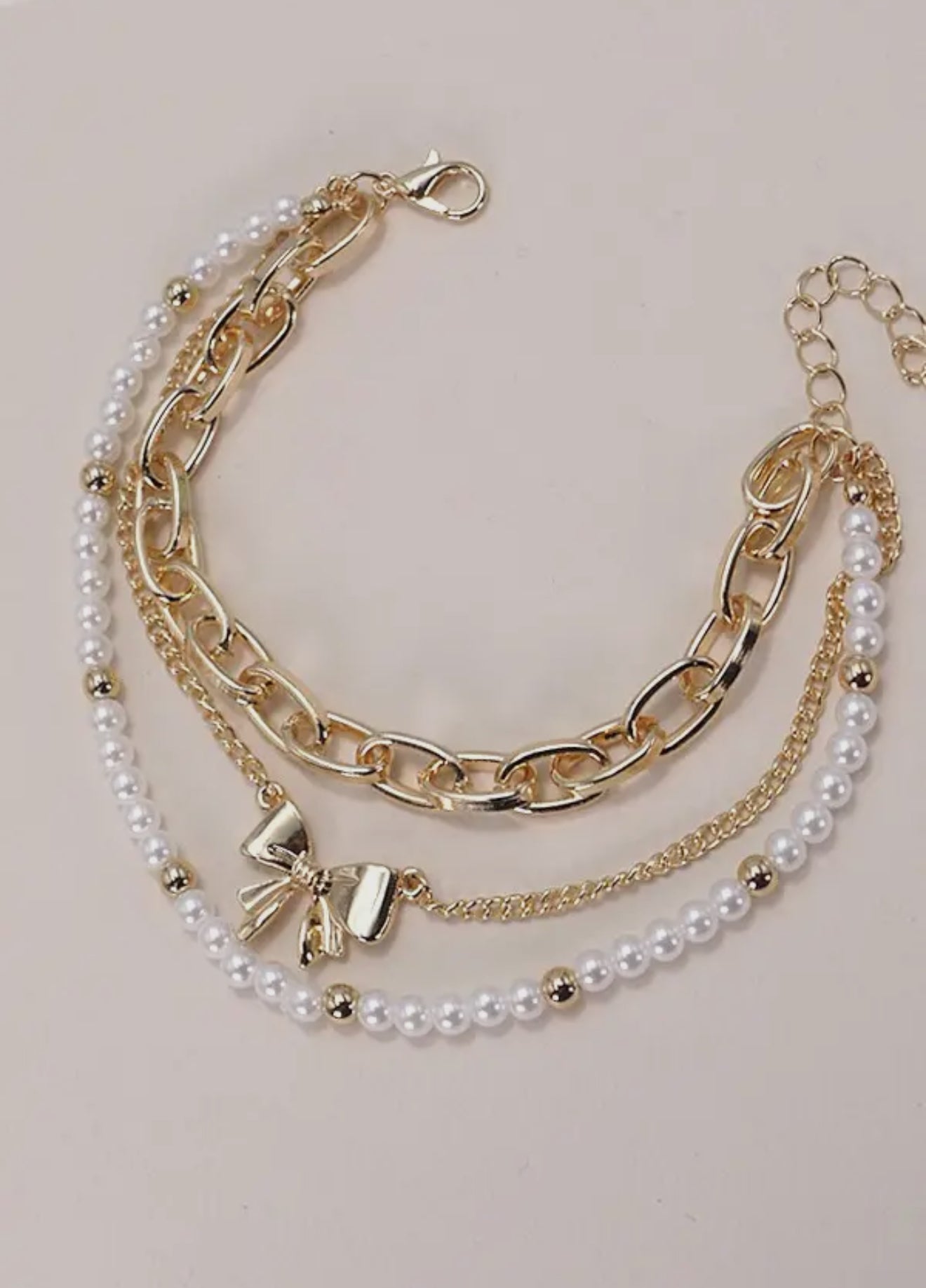 Bow Pearl Link Trio Set Bracelets