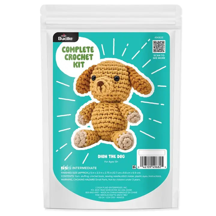 Crochet kit packaging for a dog toy with Bucilla branding on a white background